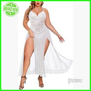 Plus Size Lace Babydoll Nightgown with Side Slits Adjustable Straps